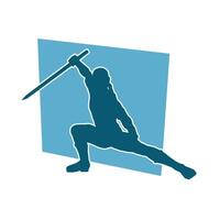 Silhouette of a male warrior in action pose with sword weapon. Silhouette of a man fighter carrying sword weapon. vector