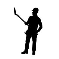 Silhouette of a worker carrying shovel tool. Silhouette of a worker in action pose using shovel tool. vector