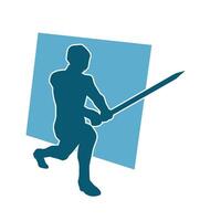 Silhouette of a male warrior in action pose with sword weapon. Silhouette of a man fighter carrying sword weapon. vector