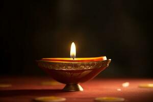 AI generated a lit diya candle on a red table photo