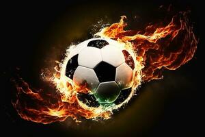 AI generated a soccer ball is on fire in the air photo