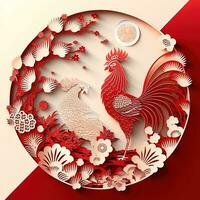 AI generated chinese new year paper art with rooster and flowers photo