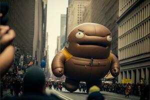 AI generated a giant inflatable character is flying down a street photo