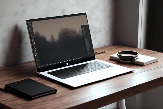 AI generated a laptop on a desk with a cup of coffee photo