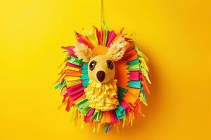 AI generated a colorful pinata hanging on a yellow background photo