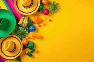 AI generated colorful mexican hats and other items on a yellow background photo