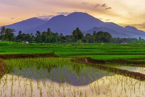 the beauty of the morning panorama with sunrise in indonesia village photo