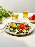 ai generado vegetal ensalada y tortilla, en un blanco redondo mesa, antecedentes hogar ligero lujo, zara estilo foto