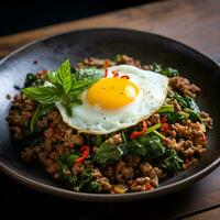 AI generated Pad Ka-prao moo , Stir fried Thai basil with minced pork and a fried egg on topped, hot and scipy photo