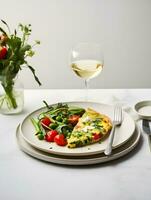 ai generado vegetal ensalada y tortilla, en un blanco redondo mesa, antecedentes hogar ligero lujo, zara estilo foto