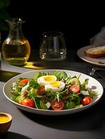 AI generated Vegetable Salad with Boiled Egg Slices, on a white round table, background home light luxury, zara style photo