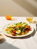 AI generated Vegetable Salad with Boiled Egg Slices, on a white round table, background home light luxury, zara style photo