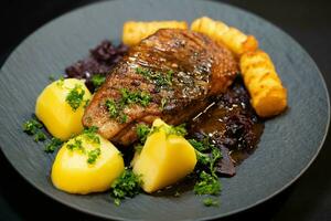 roasted duck with red  cabbage and potatoes photo