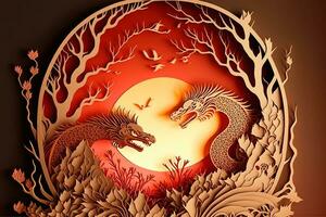 AI generated paper art of two dragons in the forest photo