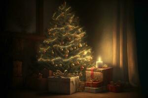 AI generated christmas tree, presents, and a candle in a dark room photo