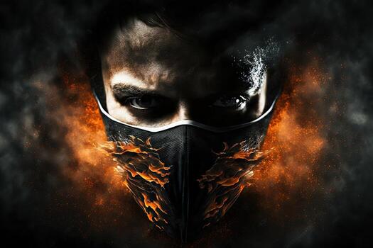 AI generated a man with a black mask and fire in his eyes photo