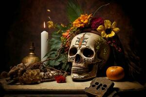 AI generated day of the dead skull with flowers and candles photo