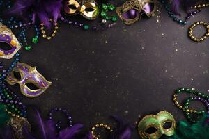 AI generated mardi gras masks and beads on a black background photo