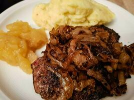 Fresh chicken liver with roasted Onions and mashed potatoes photo