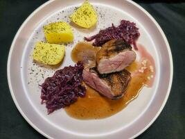 roasted duck with red  cabbage and potatoes photo