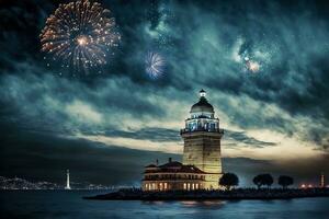 ai generado fuegos artificiales terminado un faro en el noche cielo foto