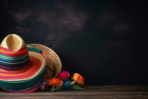 AI generated colorful sombrero on wooden table with flowers photo