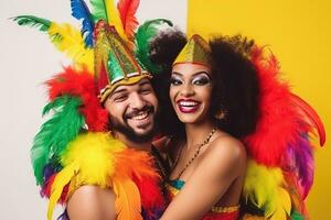 AI generated couple in colorful costumes posing for the camera photo