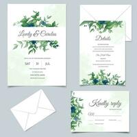 Elegant wedding invitation card with greenery leaves and blueberries vector