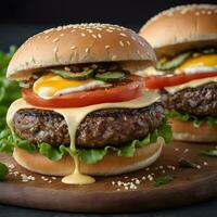 AI generated A mouthwatering, perfectly crafted cheeseburger steals the show in this striking photograph. Placed on a gleaming white background photo