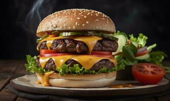 AI generated A mouthwatering, perfectly crafted cheeseburger steals the show in this striking photograph. Placed on a gleaming white background photo