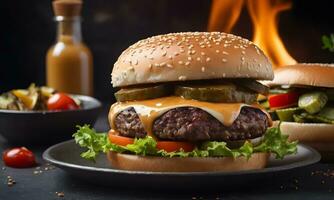 ai generado un Agua en la boca, perfectamente hecho a mano hamburguesa con queso roba el espectáculo en esta sorprendentes fotografía. metido en un reluciente blanco antecedentes foto