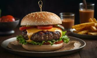 AI generated A mouthwatering, perfectly crafted cheeseburger steals the show in this striking photograph. Placed on a gleaming white background photo