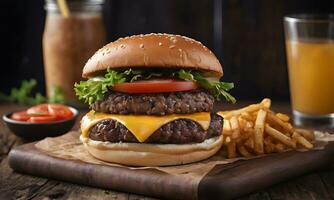 AI generated A mouthwatering, perfectly crafted cheeseburger steals the show in this striking photograph. Placed on a gleaming white background photo