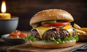 AI generated A mouthwatering, perfectly crafted cheeseburger steals the show in this striking photograph. Placed on a gleaming white background photo