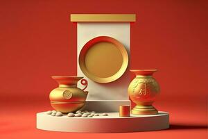 AI generated golden vases and a mirror on a red background photo