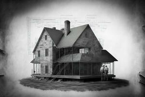 ai generado un negro y blanco foto de un casa con un hombre en pie en el porche