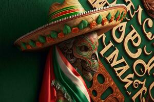 AI generated a mexican skull wearing a sombrero and holding a flag photo