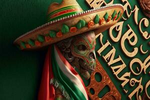 ai generado un mexicano cráneo vistiendo un sombrero y participación un bandera foto