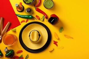 AI generated mexican food and ingredients on a yellow background photo