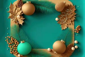AI generated christmas wreath with golden balls and pine cones on a turquoise background photo