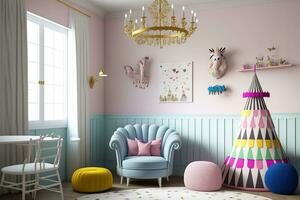 AI generated a pink and blue room with a chandelier and a chair photo