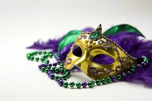 AI generated a mardi gras mask with purple feathers and gold beads photo