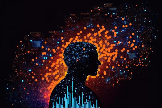 AI generated the silhouette of a man with a glowing brain photo