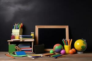 AI generated school supplies on a wooden table with chalkboard photo