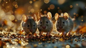 AI generated Three little brown mouse with golden bokeh background. Christmas and New Year concept. photo