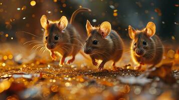 AI generated Three little brown mouse with golden bokeh background. Christmas and New Year concept. photo