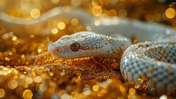 ai generado cerca arriba de un serpiente en dorado bokeh antecedentes con Copiar espacio foto