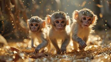 AI generated Monkey family sitting on the ground in the forest and looking at camera photo