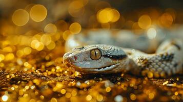 ai generado cerca arriba de un serpiente en dorado bokeh antecedentes con Copiar espacio foto