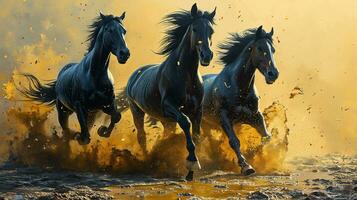 ai generado Tres negro caballos correr galope en polvo en un soleado día. foto